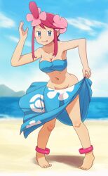 beach blue_eyes breasts cosplay elite_four_(cosplay) game_freak gazing_eye nintendo phoebe_(pokemon) phoebe_(pokemon)_(cosplay) pokemon pokemon_bw pokemon_rse red_hair sarong skyla_(pokemon) solo solo_female tongue_out undressing