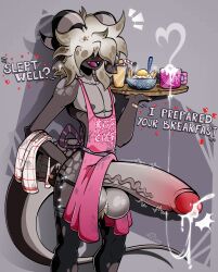 absurd_res anthro apron apron_aside apron_bow ball_tuft balls big_balls big_penis blush blush_lines bodily_fluids breakfast clothing cum cum_in_a_cup curved_horn dripping ear_piercing ear_ring ears_down ejaculation enko_(mrt0ony) erection fangs food garter_belt garter_straps genital_fluids genitals grey_background grey_body grey_scales hair hair_over_eyes heart hi_res horn huge_balls huge_cock huge_penis humanoid_genitalia humanoid_penis hyper hyper_balls hyper_genitalia hyper_penis kobold legwear male mrt0ony open_mouth open_smile penis piercing pivoted_ears precum precum_drip precum_string scales simple_background smile solo spots spotted_body spotted_scales stockings tray tuft vein veiny_penis