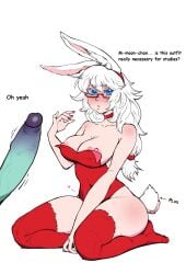 areolae asts blue_eyes breasts bunnygirl_outfit female highres large_breasts large_penis long_hair moon_(oc) moonlsu natalie_(oc) nipples penis rabbit_ears sitting tail tail_plug veins veiny_penis white_hair