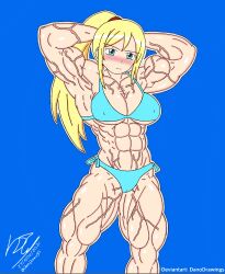 abs artist_signature biceps bikini blonde_hair danodrawings digital_media_(artwork) light-skinned_female metroid muscle muscles muscular muscular_arms muscular_female muscular_thighs samus_aran six_pack vascular veins veiny veiny_muscles