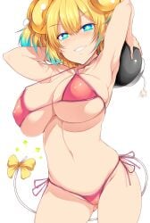 +_+ absurdres aqua_hair armpits arms_behind_head arms_up bangs bikini blonde_hair blue_eyes bomb bombergirl bow breasts commentary cowboy_shot eyebrows_visible_through_hair female female grin half-closed_eyes halterneck highres large_breasts mouse_tail multicolored_hair navel pine_(bombergirl) red_bikini short_hair side-tie_bikini simple_background skindentation smile solo streaked_hair string_bikini swimsuit tail tail_bow tail_ornament tsukasawa_takamatsu white_background yellow_bow