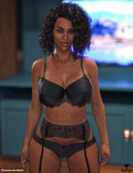 1girls 2021 3d artist_logo black_hair curly_hair dark-skinned_female dark_skin depth_of_field female female_only garter_belt garter_straps huge_breasts indoors large_breasts lingerie mature mature_female medium_hair milf mrf0xx slushe_(website) solo solo_female standing wide_hips