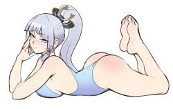 feet genshin_impact hair_ornament kamisato_ayaka moonlsu swimsuit white_hair