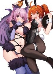 2girls alternate_breast_size animal_ears big_breasts breasts bunny_ears bunnysuit cleavage elbow_gloves fate/grand_order fate_(series) female female_only fujimaru_ritsuka_(female) fur_bikini gudako hair_over_one_eye hi_res large_breasts leotard mash_kyrielight mash_kyrielight_(dangerous_beast) medium_hair multiple_girls orange_eyes orange_hair pantyhose pink_hair purple_eyes short_hair side_ponytail simple_background tail thighhighs togokaeri underboob white_background wolf_costume wolf_ears wrist_cuffs