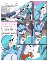 aki_(rilex_lenov) anthro birthday_cake_(comic) comic english_text furry gardevoir glaceon nintendo page_3 pokemon pokemon_(species) right_to_left rilex_lenov shiny_gardevoir shiny_pokemon skirt yuri