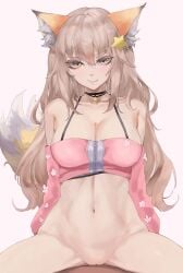 absurdres animal_ears annytf bangs bare_shoulders blush bottomless breasts brown_hair choker cleavage cowgirl_position female fox_ears fox_tail groin hair_ornament highres indie_virtual_youtuber kataku_musou long_hair looking_at_viewer navel pov smile solo straddling tail virtual_youtuber yellow_eyes