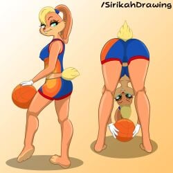 1girls alternate_version_available anthro basketball bending_over blonde_female blonde_hair bunny_ears bunny_girl bunny_tail color colored furry furry_only green_eyes gym_clothes gym_shorts hard_nipples lola_bunny looking_at_viewer looking_between_legs looney_tunes midriff pussy_outline showing_ass showing_off sirikahdrawing space_jam space_jam:_a_new_legacy