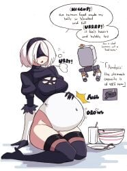 1girls belly big_belly blindfold bloated_belly bowl breasts burp burping elpacha2 empty_bowls empty_plates female female_only hairband hiccuping huge_belly light-skinned_female light_skin nier nier:_automata plates pod_(nier) short_hair solo solo_female stuffing thighhighs white_background white_hair yorha_2b