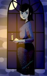 artist_name blue_eyes dark_background hotel_transylvania mavis_dracula rebeccarains see-through_clothing see-through_dress short_hair small_breasts smirking_at_viewer sparkle_fabric striped_panties topless_female vampire