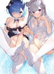 2futas balls bare_shoulders big_breasts big_penis bikini black_bikini blue_eyes blue_hair blue_hair_female blush bottomless bottomless_skirt breasts cleavage clothed clothing detached_collar duo edit edited elf emilia_(re:zero) erection futa_only futanari gaou grey_hair grey_hair_female groin hair_bun hair_over_one_eye hand_holding headband human light-skinned_futanari light_skin long_hair looking_at_viewer medium_breasts multiple_girls navel no_panties partially_clothed penis pointy_ears purple_bikini purple_eyes purple_hair re:zero_kara_hajimeru_isekai_seikatsu rem_(re:zero) ripples see-through shirt short_hair side_bun skirt skirt_lift soaking_feet stomach string_bikini swimsuit thighhighs third-party_edit upskirt water wet wet_clothes wet_shirt white_legwear