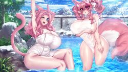 2girls big_breasts breasts busty cat_ears cat_girl cat_tail catgirl curvaceous female female_only fox_ears fox_girl fox_tail foxgirl gigantic_breasts hot_spring huge_breasts kireina_pinky_fox large_breasts massive_breasts osiimi pinky_fox_(osiimi) tagme thick_thighs thighs towel virtual_youtuber voluptuous