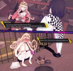 1boy 1girls 2koma 3d before_and_after blonde_hair blush breasts chain_leash crouching danganronpa danganronpa_v3 dialogue embarrassed embarrassed_nude_female enf english_text female female_focus humiliation instant_loss_2koma iruma_miu koikatsu large_breasts leash male nude nude_female ouma_kokichi outdoors outside pale_skin poly_(artist) public public_exposure public_humiliation public_nudity straight_hair text wavy_hair wrench