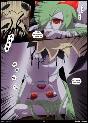 all_fours breasts comic english_text furry green_hair kirlia mimikyu nintendo page_21 pokemon pokemon_(species) red_crystal_(comic) red_eyes rilex_lenov thighhighs