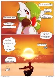 2girls bikini comic english_text furry gardevoir green_hair lopunny nintendo page_28 pokemon pokemon_(species) red_eyes rilex_lenov summer_trip_(comic) text