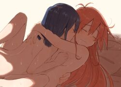 2girls ange_(angeban93) blue_hair blush breasts closed_eyes cute female flip_flappers hug kokomine_cocona licking long_hair multiple_girls nude nude_female papika_(flip_flappers) red_hair short_hair sweat yuri