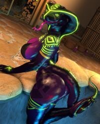 anthro big_breasts bikini black_scales breasts cobra female green_eyes green_scales looking_at_viewer pool purple_scales qhala ratherdevious scalie snake tagme