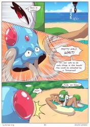 2girls all_fours beach beach_towel bikini comic english_text furry gardevoir green_hair lopunny nintendo page_11 pokemon pokemon_(species) rilex_lenov summer_trip_(comic) tentacle tentacool yuri