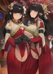 2girls black_hair blunt_bangs breasts cleavage female female_only gloves hakama hi_res hime_cut hinoa holding_hands hood_x_art large_breasts leotard long_hair looking_at_viewer minoto monster_hunter monster_hunter_rise multiple_girls sisters twins underboob wide_hips wyverian yellow_eyes