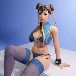 1girls 3d brown_eyes brown_hair capcom chun-li chun-li_(fortnite) dpmaker female female_only fishnet_stockings fortnite hair_bun hair_buns hi_res looking_at_viewer red_lipstick sitting solo solo_female spiked_bracelet stockings street_fighter x_redeyes