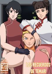 ass ass_grab bare_arms bare_legs bare_shoulders bare_thighs before_sex boruto:_naruto_next_generations carrying carrying_partner comic comic_cover double_bun dress gloves hair_bun hand_on_ass hand_on_head hand_under_clothes imminent_threesome jacket kurotsuchi leg_grab long_hair multiple_females multiple_girls naruto naruto_(series) ninrubio no_panties no_underwear one_eye_closed pants raised_leg shirt short_hair single_sleeve spanish_text tenten text thick_thighs tied_hair translation_request uzumaki_naruto