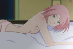 1girls after_sex agung911 all_fours ass bare_shoulders bed bedroom boruto:_naruto_next_generations breasts female female_only green_eyes looking_at_viewer lying_on_stomach milf naruto naruto:_the_last naruto_(series) naruto_shippuden on_bed panties pink_hair pink_panties sakura_haruno short_hair sideboob solo topless