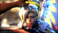 1boy 1girls 3d animated blizzard_entertainment blonde_hair blowjob blue_eyes bodysuit dark-skinned_male duo european eyeshadow fellatio female light-skinned_female light_skin mercy oral overwatch saucyfm slim sound source_filmmaker swiss tagme tied_hair video