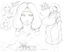 1girls breasts_bigger_than_head curvy curvy_female curvy_figure emba english english_text female female_focus female_only gilf grandmother house looking_at_viewer mature_female monochrome mountain mountain_mom smile smiling smiling_at_viewer smoxul text white_background white_hair