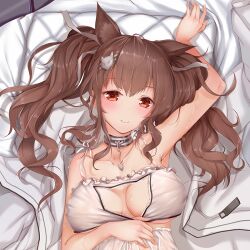 ahoge angelina_(arknights) animal_ears arknights blush breasts brown_hair cat_cutout cirnos clothing_cutout collar collarbone crop_top extra_ears eyebrows_visible_through_hair female female fox_ears grey_collar large_breasts long_hair looking_at_viewer lying on_back on_bed red_eyes shirt smile solo twintails upper_body white_shirt