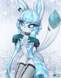 aki_(rilex_lenov) animal_ears anthro anthrofied blue_hair bracelet breasts choker eeveelution eyelashes female fishnet_legwear fishnet_thighhighs glaceon hair jewelry looking_at_viewer nintendo pokémon_(species) pokemon rilex_lenov snow solo_focus tail thighhighs white_eyes