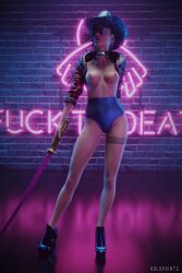 3d 4k breasts breasts_exposed breasts_out cowboy_hat cyberpunk_2077 green_hair high_heels highres holopointz judy_alvarez katana knees light-skinned_female nipple_piercing nipples petite petite_body purple_hair solo solo_female solo_focus sunglasses tattoo tattoo_on_legs tattooed_arm tattoos thighs