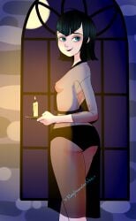 blue_eyes holding_object hotel_transylvania mavis_dracula rebeccarains see-through_clothing see-through_dress small_breasts striped_panties topless_female vampire