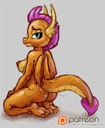 alpha_channel ambiguous_gender anthro ass breasts dragon friendship_is_magic hasbro hi_res my_little_pony nipples patreon side_boob sketch smolder_(mlp) smudge_proof soles solo text url