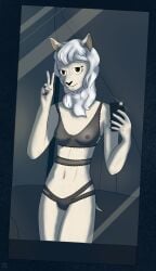 beastars bovid breasts camera_flash caprine clothing dark_body dkside41 erect_nipples female genitals gesture hi_res lingerie mammal mirror navel nipples nipples_through_clothes pussy sebun_(beastars) selfie sheep small_breasts smile solo sphone standing translucent v_sign