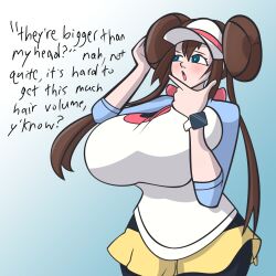 blue_eyes brown_hair cap female gigantic_breasts huge_breasts ivelacia lapotato8 large_breasts long_hair pokemon rosa_(pokemon) shirt skirt solo solo_female text very_long_hair