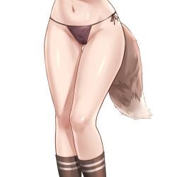 angelina_(arknights) arknights bikini black_bikini black_legwear da_akana_xiv feet_out_of_frame female female fox_tail gluteal_fold highres kneehighs lower_body navel side-tie_bikini simple_background solo standing swimsuit tail thighs white_background