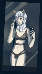 anthro beastars bovid breasts bulge camera_flash caprine clothing dark_body dkside41 genitals gesture gynomorph hi_res intersex lingerie mammal mipples mirror navel phone sebun_(beastars) selfie sheep small_breasts smile solo standing translucent translucent_clothing v_sign