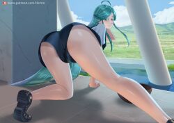 alexandrite_(land_of_the_lustrous) ambiguous_gender androgynous ass bangs big_ass big_thighs black_shorts blue_eyebrows blue_eyelashes blue_eyes blue_hair blush bowl detailed_background exposed_ass gem grass hand_on_hair happy hertro houseki_no_kuni humanoid land_of_the_lustrous light_skin long_hair looking_at_viewer looking_back patreon shadow shiny_skin shirt shoes shorts smile white_shirt