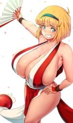 1girls ahoge alternate_breast_size alternate_version_available armpits bangs bare_arms bare_shoulders big_breasts blonde_female blonde_hair blue_eyes blush breasts brown_hair cleavage clenched_teeth clothing collarbone cosplay curvaceous curvy eyebrows_visible_through_hair eyelashes fan fatal_fury female female_focus female_only flower_petals folding_fan grin hair_ornament hairband hand_fan hand_on_hip highres hips huge_breasts human jigoku_sensei_nube king_of_fighters large_breasts mai_shiranui mai_shiranui_(cosplay) medium_hair miki_hosokawa nipple_bulge nipples_visible_through_clothing pale-skinned_female pale_skin parted_lips pekoneko_(pekoneco) pinup revealing_clothes shiny_skin short_hair shounen_jump sideboob simple_background skimpy smile smug solo solo_female teal_eyes teeth thick_thighs thighs voluptuous white_background wide_hips wristband