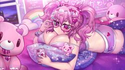 1girls animated bed big_breasts breasts busty cellphone crawling_dreams female female_only glasses high_quality high_resolution huge_breasts hugging hugging_pillow large_breasts laying_on_bed looking_at_cellphone looking_at_phone mp4 no_sound on_bed osiimi penny_(crawling_dreams) phone pillow pillow_hug pink_hair shorts sweatdrop teddy_bear video