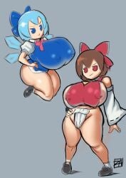 2girls areola areola_slip areolae big_breasts breasts cirno fumo_plush fundoshi huge_breasts loincloth multiple_girls nipple_bulge reimu_hakurei shortstack tagme thighs touhou zestysauce