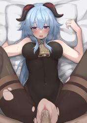 1boy absurdres bangs bed_sheet bell between_breasts black_legwear black_leotard blue_hair blush bodystocking bodysuit breasts censored clothed_sex covered_navel female ganyu_(genshin_impact) genshin_impact heavy_breathing highres horns leotard leotard_under_clothes long_hair looking_at_viewer lying medium_breasts missionary mosaic_censoring neck_bell on_back parted_lips penis pillow pov purple_eyes pussy pussy_juice sex sidelocks smile solo_focus spread_legs straight sweat tori_no_ou torn_clothes torn_legwear trembling twitching vaginal_penetration