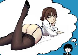 1boy 1girls ass bangs bare_ass big_ass big_butt braid brown_hair bubble_butt curvy exposed_ass fat_ass female frilled_legwear frills garter_straps heels high_heels joker_(persona) large_ass laying laying_down laying_on_stomach lingerie looking_back lying lying_down lying_on_stomach makoto_niijima male male/female mrplow34 persona persona_5 persona_5_royal plow_(immisterplow) red_eyes ren_amamiya tagme thick_ass thighhighs thighs thought_bubble voluptuous white_shirt