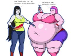 2girls adventure_time bbw belly big_belly big_breasts breasts cleavage fat female grey_skin huge_belly huge_breasts large_breasts marceline mizz-britt morbidly_obese obese overweight pink_skin princess_bubblegum thick_thighs thighs