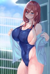 absurdres blue_eyes blue_jacket blue_sky blue_swimsuit blush breasts brown_hair cleavage collarbone competition_swimsuit covered_navel eyebrows_visible_through_hair female fence go-toubun_no_hanayome hair_between_eyes highres jacket large_breasts long_hair looking_at_viewer micosivaa nakano_miku one-piece_swimsuit open_clothes open_jacket open_mouth outdoors removing_jacket sky solo swimsuit wet wet_clothes wet_hair wet_swimsuit