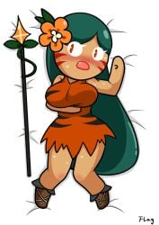 1girls bed bedsheets big_breasts blush body_pillow_design clothed cookie cookie_run face_paint female female_only flag_(artist) flower flower_in_hair fully_clothed green_hair on_back on_bed open_mouth orange_eyes pillow scared scared_expression solo spear sweat tank_top tiger_lily_cookie weapon