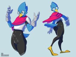 1boy 3_toes 4:3 5_fingers absurd_res alternate_costume anthro armor ass avian balls_outline beak berdly bird bird_feet blue_background blue_body blue_feathers bodysuit bulge cloak clothed clothing clothing_swap deltarune dot_eyes eyebrows eyewear feathers feet fingers front_view fully_clothed genital_outline glasses gloves handwear hi_res latex looking_back looking_down male male_only multiple_poses navel penis_outline pose renabu side_view simple_background skinsuit slim solo solo_male standing tail_feathers talons tight_clothing toes unamused undertale_(series) video_games yellow_beak