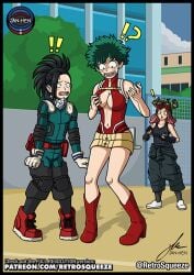 !? 1boy 2girls black_hair body_swap body_switch bodyswap cleavage costume_switch female_deku genderbend green_hair head_swap hero_outfit_(mha) inner_sideboob izuku_midoriya mei_hatsume momo_yaoyorozu my_hero_academia pink_hair ponytail retrosqueeze rule_63 straight swap transformation tsf