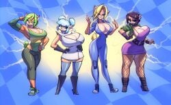 4girls ami_bandicoot anthro big_breasts bigdad breasts cleavage crash_(series) curvy female female_only fur furry furry_only group hi_res hourglass_figure huge_breasts isabella_bandicoot large_breasts liz_bandicoot looking_at_viewer megumi_bandicoot solo standing tail thick_thighs