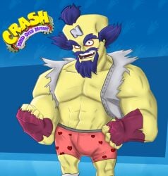 1boy bara blue_hair boxers brown_eyes bulge crash_(series) crash_mind_over_mutant doctor_neo_cortex fingerless_gloves heart_boxers heart_underwear male male_focus male_only male_solo muscular muscular_male mutant neo_cortex solo solo_male tagme teeth torn_clothes torn_gloves torn_shirt underwear video_games yellow_body yellow_skin