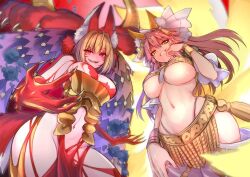 amaterasu_(fate) belly blonde_hair claws claws_out diety evil_grin eyeliner fate/extra fate/grand_order fate_(series) fox_ears fox_girl goddess golden_eyes kitsune kitsunemimi kyuubi large_breasts long_hair looking_at_viewer looking_down midriff navel nero_claudius_(fate) overboob pink_hair queen_draco_(fate) red_eyes slender_waist stomach tagme tamamo_no_mae_(fate) thighs underboob waist-length_hair whore_of_babylon whore_of_babylon_(fate) wide_hips wisespeak